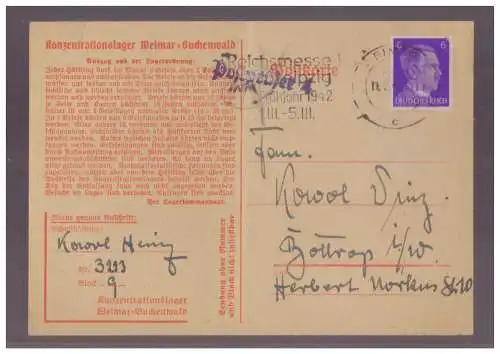 [Propagandapostkarte] Dt-Reich (w00306) KZ Weimar- Buchenwald Postkarte mit Auszug Lagerordnung, gel 11.2.1942, Karte ist senkrecht geknickt. 