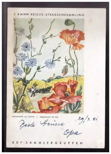 [Echtfotokarte schwarz/weiß] Dt-Reich (024686) Propaganda 7. KWHW Sammlung Wegwarte/ Mohn, gel als Drucksache mit SST Freiburg 30.3.1941. 