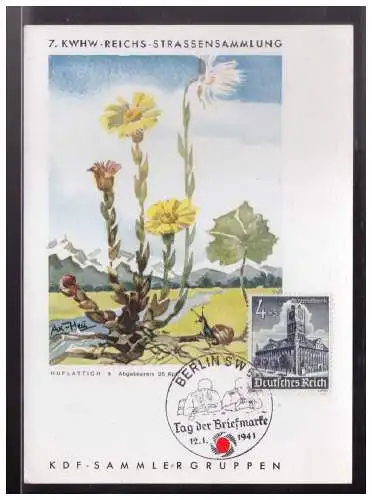 [Echtfotokarte schwarz/weiß] Dt-Reich (024687) Propaganda 7. KWHW Sammlung Huflattich, blanco gest. mit SST als Maximumkarte Berlin 12.1.1941. 