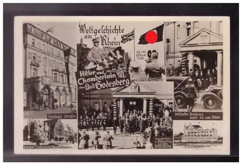 [Propagandapostkarte] Dt-Reich (024688) Propaganda Weltgeschichte am Rhein, Hitler und Chamberlin in Bad Godesberg, RS Wst Rhein Schifffahrt. 