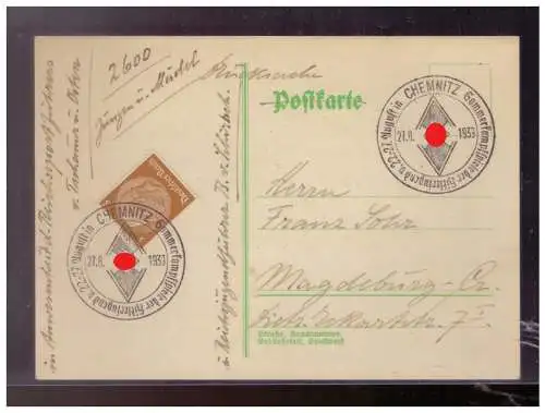 [Propagandapostkarte] Dt- Reich (024720) Propaganda Postkarte mit SST Chemnitz Sommerkampfspiele der Hitlerjugend (HJ) im August 1939, gelaufe. 