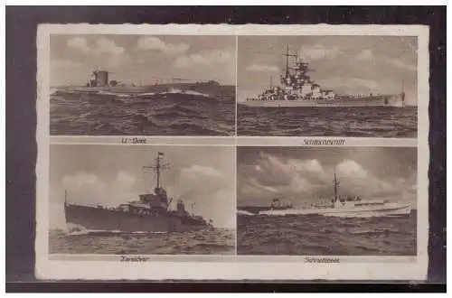 [Propagandapostkarte] Dt- Reich (024751) Propaganda Mehrfelderkarte Marine U-Boot, Schlachtschiff, Zerstörer, Schnellboot, gel. mit FP 21.7.42. 