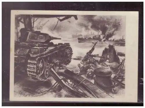 [Propagandapostkarte] Dt- Reich (024758) Propagandakarte Deutscher Panzerkampfwagen beschießt englische Flotteneinheiten blanco mit SST Berlin. 