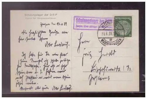 [Propagandapostkarte] Dt- Reich (024761) Propagandakarte Schulungslager der DRP Zeesen bei Königswusterhauser mit Lagerstempel, gelaufen 1939. 
