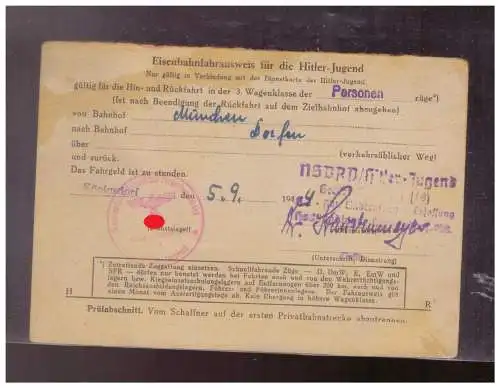 [Propagandapostkarte] Dt- Reich (024771) Propaganda Eisenbahnfahrausweis, NSDAP Hitler- Jugend Einberufung Erfassung, gest. 5.9.1944. 