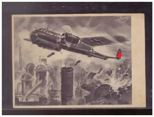 [Propagandapostkarte] Dt- Reich (024788) Propaganda Angriff einer Ju 88 auf ein englisches Industreiwerk, ungebraucht. 
