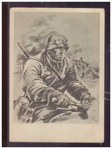 [Propagandapostkarte] Dt- Reich (024789) Propaganda Motorradmelder, Zeichnug Kriegsberichter Kretschmann, ungebraucht. 
