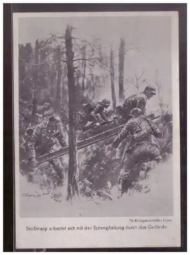 [Propagandapostkarte] Dt- Reich (024793) Propagandakarte Stoßtrupp arbeitet sich mit Sprengladung durch das Gelände, gel mi Feldpost 6.6.1943. 