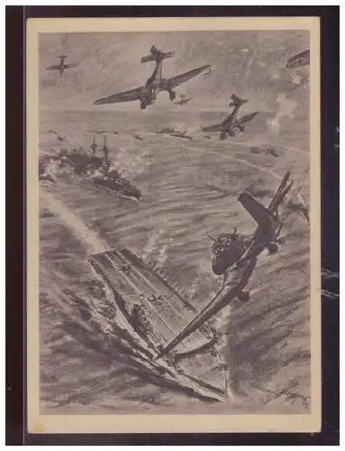 [Propagandapostkarte] Dt- Reich (024798) Propagandakarte Stuzkampfbomber Junkers- Ju 87 greifen englischen Flugzeugträger an, ungebraucht. 