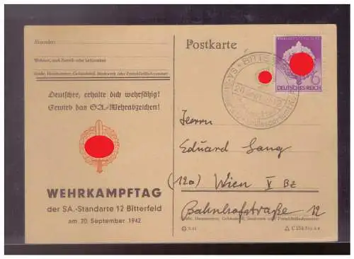 [Propagandapostkarte] Dt- Reich (024809) Propagandakarte Vorgedruckt Wehrkampftag der SA Standarte 12 Bitterfeld gel. mit SST 20.9.1942. 