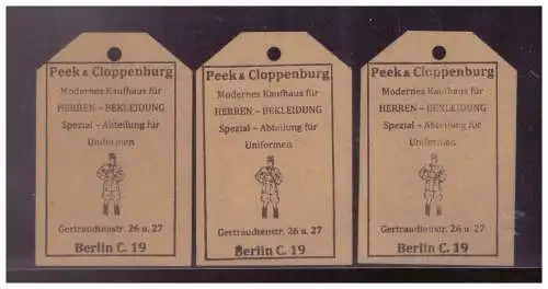DT- Reich (024817) 3 SS Kleideranhänger Mantel, Hose, Rock mit Preis Peek & Cloppenburg Berlin C19