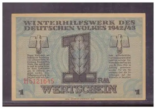 DT- Reich (024818) Winterhilfswerk (WHW) Wertschein 1 RM 1942/ 43 