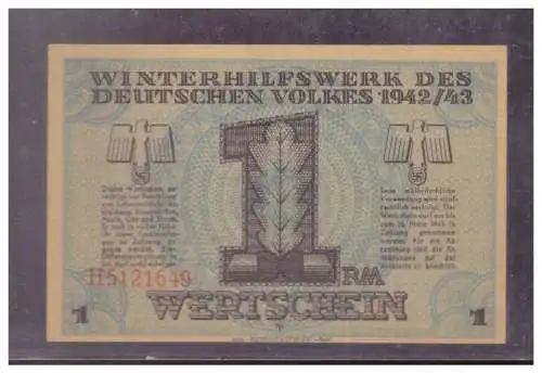 DT- Reich (024819) Winterhilfswerk (WHW) Wertschein 1 RM 1942/ 43