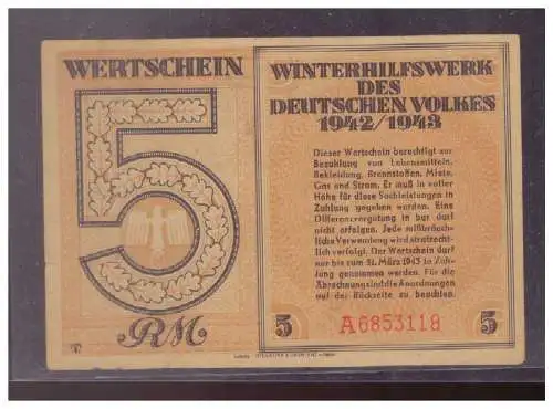 DT- Reich (024821) Winterhilfswerk (WHW) Wertschein 5 RM 1942/ 1943