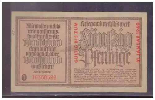 DT- Reich (024824) Kriegs- Winterhilfswerk (WHW) Wertschein 50 Pfennige mit Aufdruck gültig bis 31.1.1940