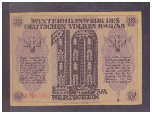DT- Reich (024827) Winterhilfswerk (WHW) Wertschein 10 RM 1942/ 43