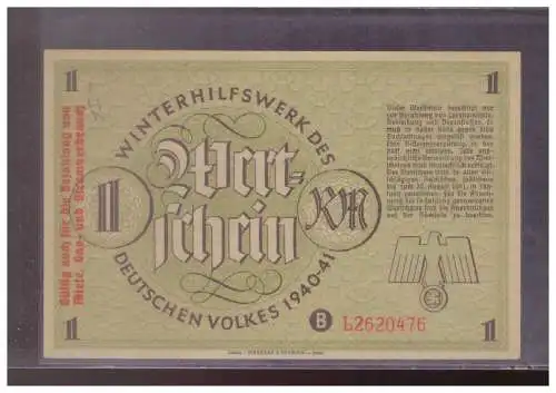 DT- Reich (024828) Winterhilfswerk (WHW) Wertschein 1 RM mit Aufdruck Gültig auch f die Bezahlung von Miete, Gas, Strom