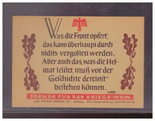 DT- Reich (024832) Propaganda Winterhilfswerk (WHW) Was die Frant opfert, Soziale Parole am Opfersonntag, extrem selten!