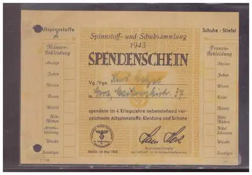 DT- Reich (024834) Propaganda Winterhilfswerk (WHW) Spendenschein Spinnstoff u.Schuhsammlung Berlin Mai 1943