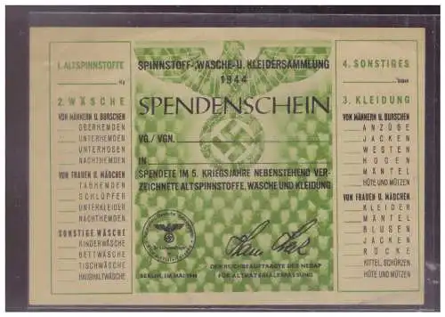 DT- Reich (024835) Propaganda Winterhilfswerk (WHW) Spendenschein Spinnstoff u.Schuhsammlung Berlin Mai 1944 ungebraucht