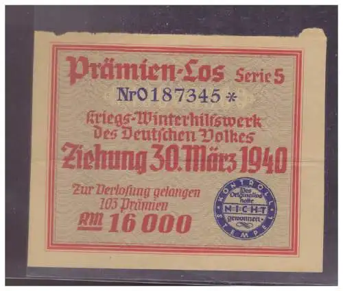 DT- Reich (024837) Propaganda Prämien- Los Serie 5 Kriegs- Winterhilfswerk (WHW) Ziehung 30.3.1940