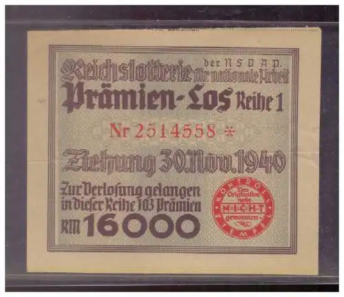 DT- Reich (024839) Propaganda Prämien- Los Reihe 1 NSDAP Reichslotterie Ziehung 30.11.1940