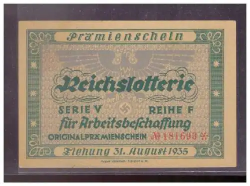 DT- Reich (024841) Propaganda Orginalprämienschein Reichslotterie Serie5 für Arbeitsbeschaffung Ziehung 31.8.1935