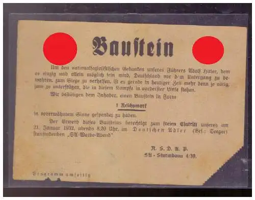 DT- Reich (024843) Propaganda Baustein 1RM, freier Eintritt SA Werbeabend NSDAP 1932 SA- Sturmbann 4/ 39