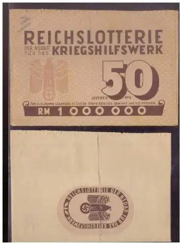 DT- Reich (024846) Propaganda Lotterielos Reichslotterie der NSDAP für das Kriegshilfswerk (WHW) 1942 mit Hülle