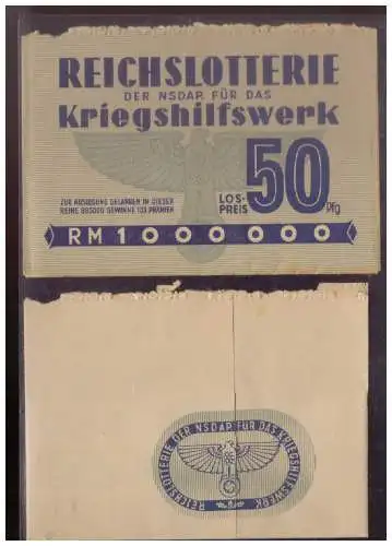 DT- Reich (024848) Propaganda Lotterielos Reichslotterie der NSDAP für das Kriegshilfswerk (WHW) 1941 mit Hülle