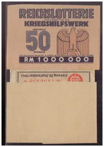 DT- Reich (024849) Propaganda ungeöffnetes Lotterielos Reichslotterie der NSDAP für das Kriegshilfswerk (WHW) 1943 mit Hülle