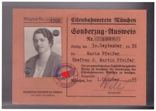 DT-Reich (024858) Propaganda Eisenbahnverein München Sonderzug_ Ausweis für Frau, ausgest. München 1.10.1935