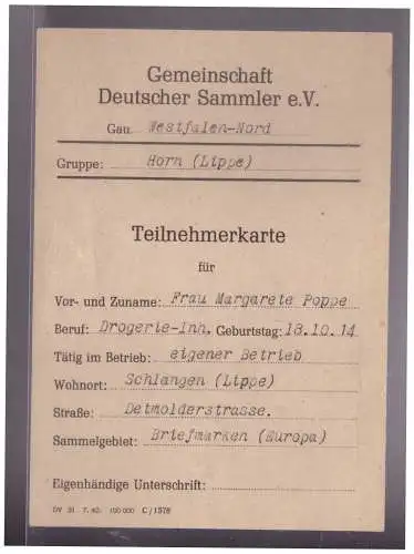 DT-Reich (024859) Propaganda Teilnehmerkarte Deutscher- Sammler e.V. für Frau aus Schlagen mit 2 Beitragsmarken von 1944