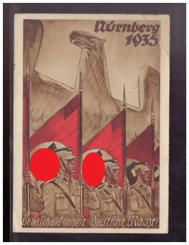 [Propagandapostkarte] Dt- Reich (024925) Propaganda Reichsparteitag 1935 Deutsche Einheit- Deutsche Macht, gelaufen 14.9.1935 Karte hat Knicke. 