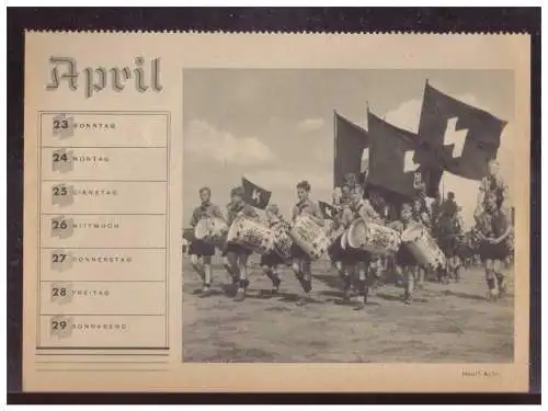 DT- Reich (025009) Propaganda Kalenderblatt April 1939, Hitlerjugend, Fahnen und Trommler