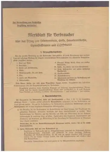 DT- Reich (025010) Propaganda Merkblatt f Verbraucher, Lebenmitteln, Seife, Hausbrandkohle, Spinnstoffwaren, Schuhwaren
