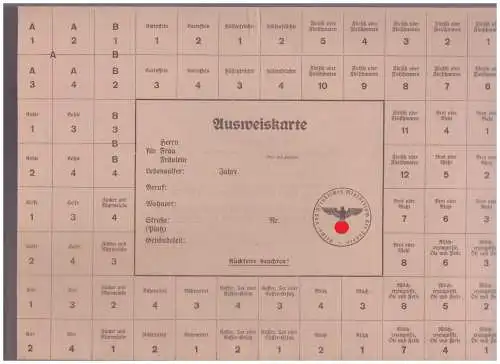 DT- Reich (025011) Propaganda Ausweiskarte ungebraucht für den Bezug von Fleisch Milch, Kohle usw.