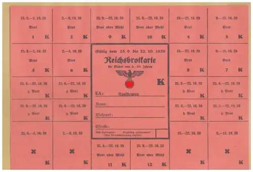 DT- Reich (025012) Propaganda Kaufbeuren Reichsbrotkarte für Kinder 6-10 Jahren in 1939, ungebraucht