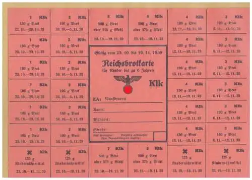 DT- Reich (025014) Propaganda Kaufbeuren Reichsbrotkarte für Kinder unter 6 Jahren von 1939, ungebraucht