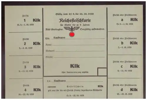 DT- Reich (025015) Propaganda Kaufbeuren Reichsfleischkarte für Kinder unter 6 Jahren von 1939, ungebraucht