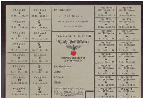 DT- Reich (025016) Propaganda Kaufbeuren Reichsfleischkarte von 1939, ungebraucht