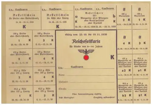 DT- Reich (025017) Propaganda Kaufbeuren Reichsfettkarte für Kinder von 6 - 14 Jahren von 1939, ungebraucht