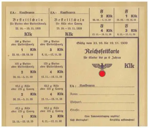 DT- Reich (025018) Propaganda Kaufbeuren Reichsfettkarte für Kinder bis zu 6 Jahren von 1939, ungebraucht