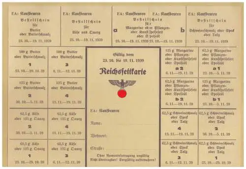 DT- Reich (025019) Propaganda Kaufbeuren Reichsfettkarte von 1939, ungebraucht