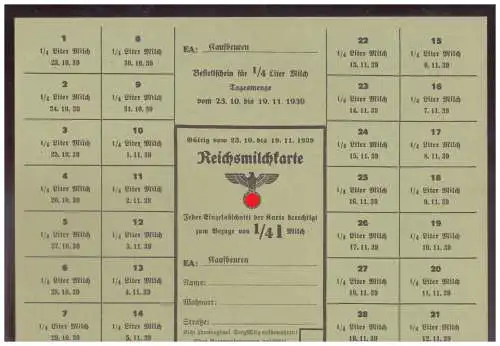 DT- Reich (025020) Propaganda Kaufbeuren Reichsmilchkarte von 1939, ungebraucht