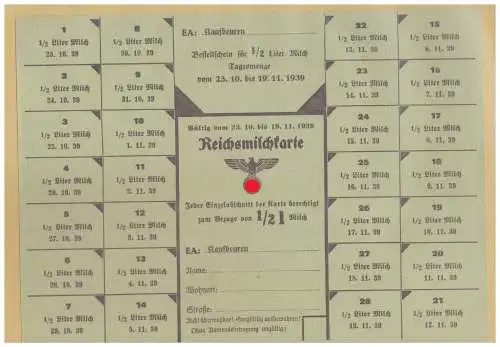 DT- Reich (025021) Propaganda Kaufbeuren Reichsmilchkarte 1/2 Liter von 1939, ungebraucht