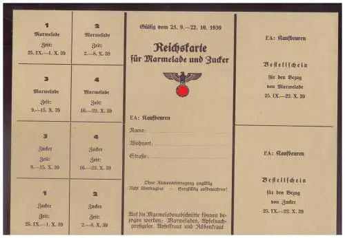 DT- Reich (025023) Propaganda Kaufbeuren Reichskarte für Marmelade und Zucker von 1939, ungebraucht
