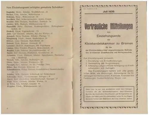 DT- Reich (009278) Vertrauliche Mitteilunden des Einziehungsamt der Kleinhandwerkskammer zu Bremen (Schuldnerliste)