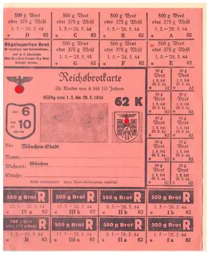 Dt- Reich (021013) Propaganda Reichsbrotkarte München Stadt Kinder 6- 10 Jahren, gültig 1.5.- 28.5.1944 München Stadt