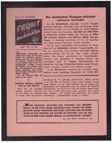 Dt- Reich (023130) Propaganda Flugblatt Front Nachrichten vom April 1942 Nr.169, sowjetische Propagandazeitung